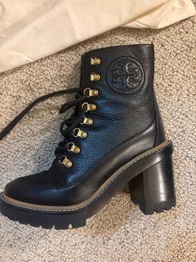 Tory Burch Black Leather Lace-Up Lug Heel Ankle Boot with Gold Hardware